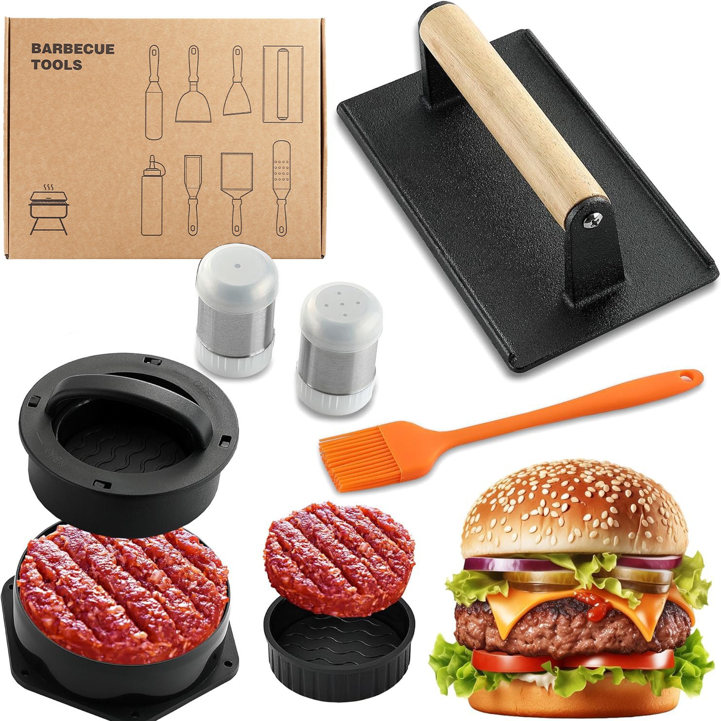 Amazon Cross-border Hot Hot Ferry Pressing Plate Round Burger Pressing Cake Mold Set de herramientas de barbacoa al aire libre