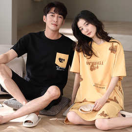 情侣睡衣夏季纯棉短袖短裤男100%棉卡通可爱可外穿家居服睡裙女夏