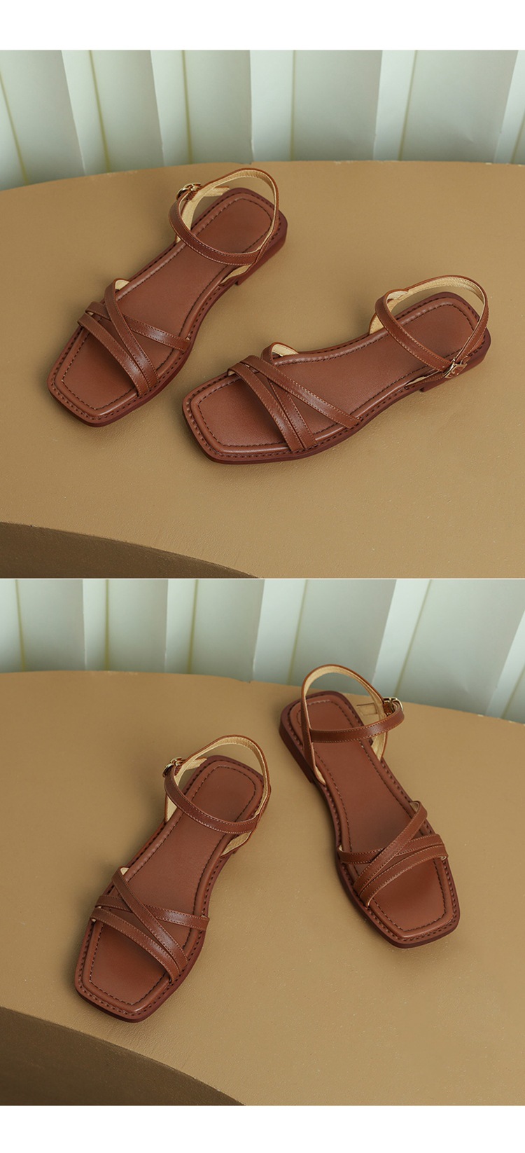 Dép sandal nữ đế bệt mũi vuông hở ngón da bò một quai khóa ngang — Màu nâu chi tiết 10