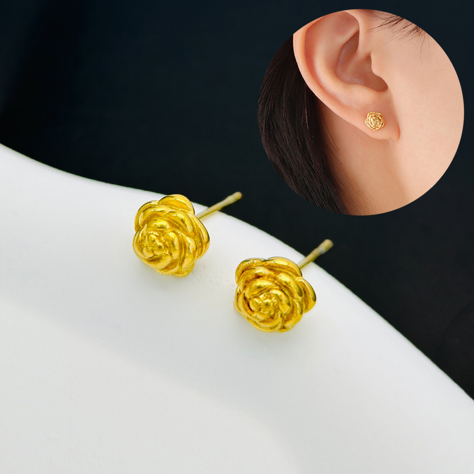 Rosa coreana Dongdaemun temperamento de moda no desvanecer pendientes personalidad femenina dulce joyas de oro 18k