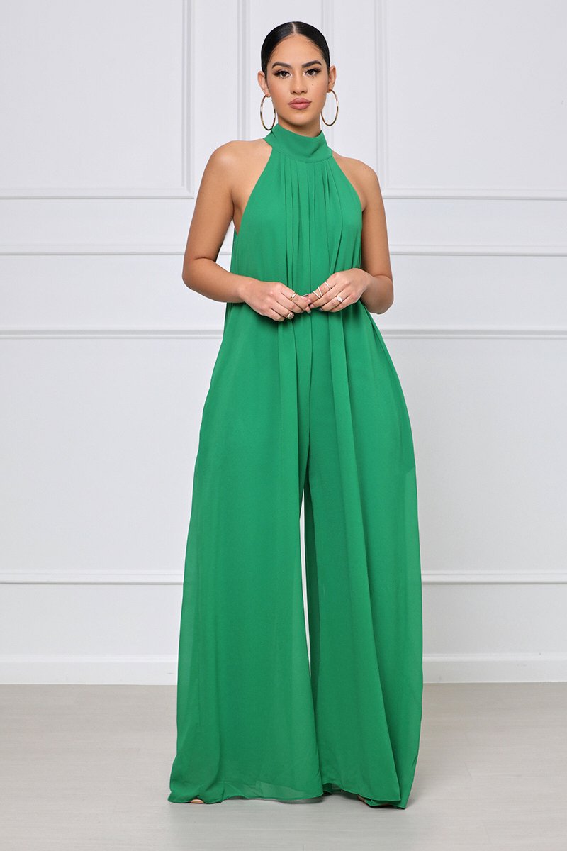 sleeveless loose wide-leg hanging neck solid color chiffon jumpsuit NSXLY119202