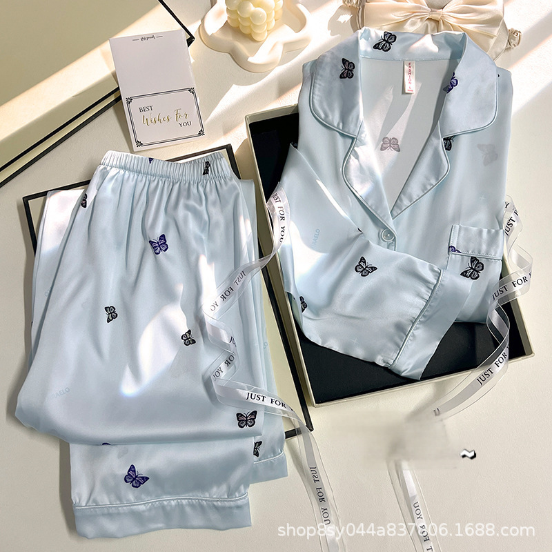 Butterfly imprimido pijama de primavera y otoño de mujeres nuevo 2025 seda de hielo ropa doméstica dos piezas de fábrica de comercio exterior transfronterizo