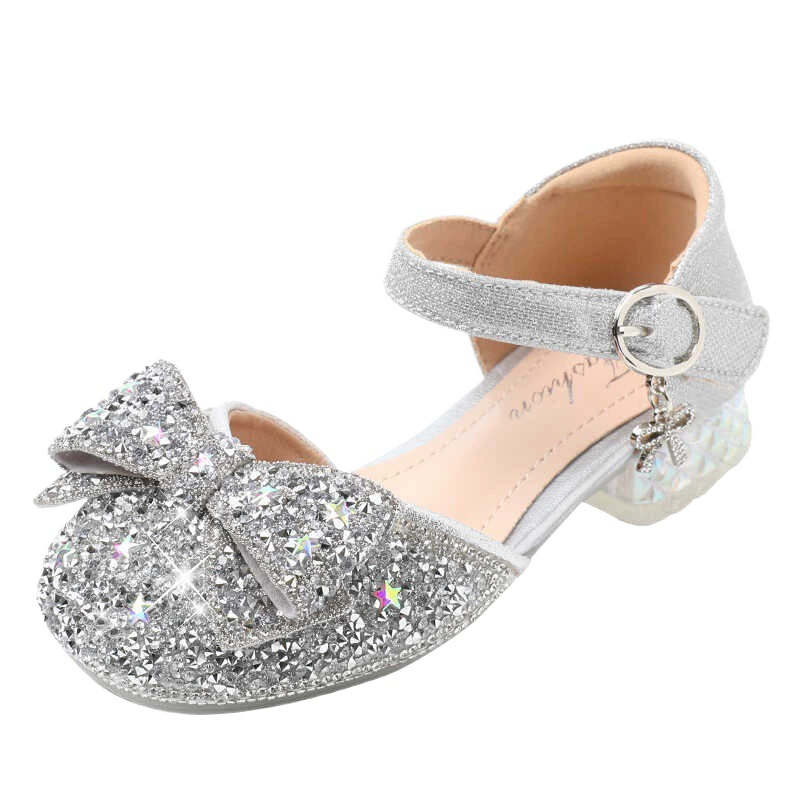 Genuine leather girls' princess shoes, children's high heels, summer leather shoes, crystal shoes with dress rhinestones, performance shoes for little girls