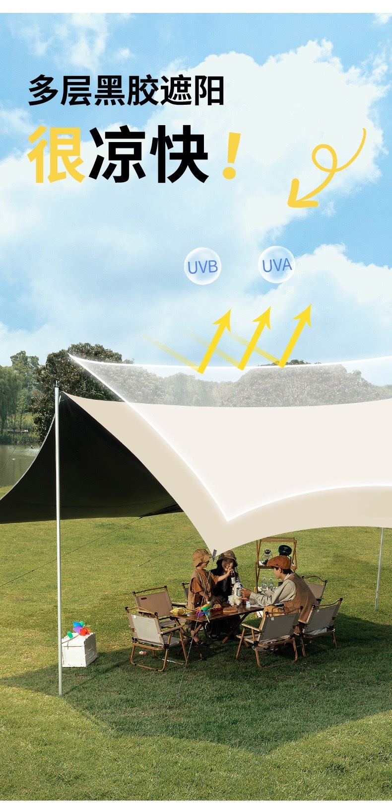Black vinyl canopy, outdoor camping, popular camping tent, picnic, sun protection, octagonal butterfly-shaped canopy, black vinyl sunshade fabric
