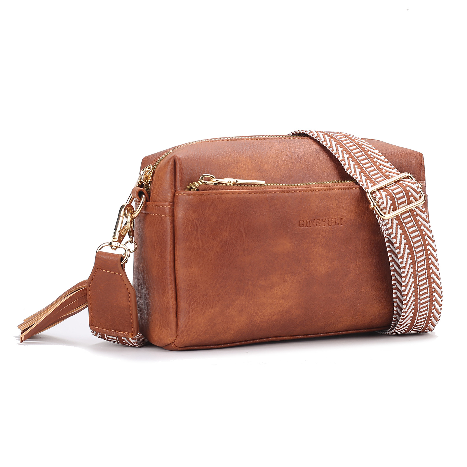 New Women's Crossbody Three Zipper Mobile Phone Leather Handbag Guitar Strap Shoulder Bag_voghion.com