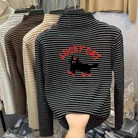 女童条纹半高领德绒打底衫秋冬季中大童加绒保暖t恤洋气休闲上衣