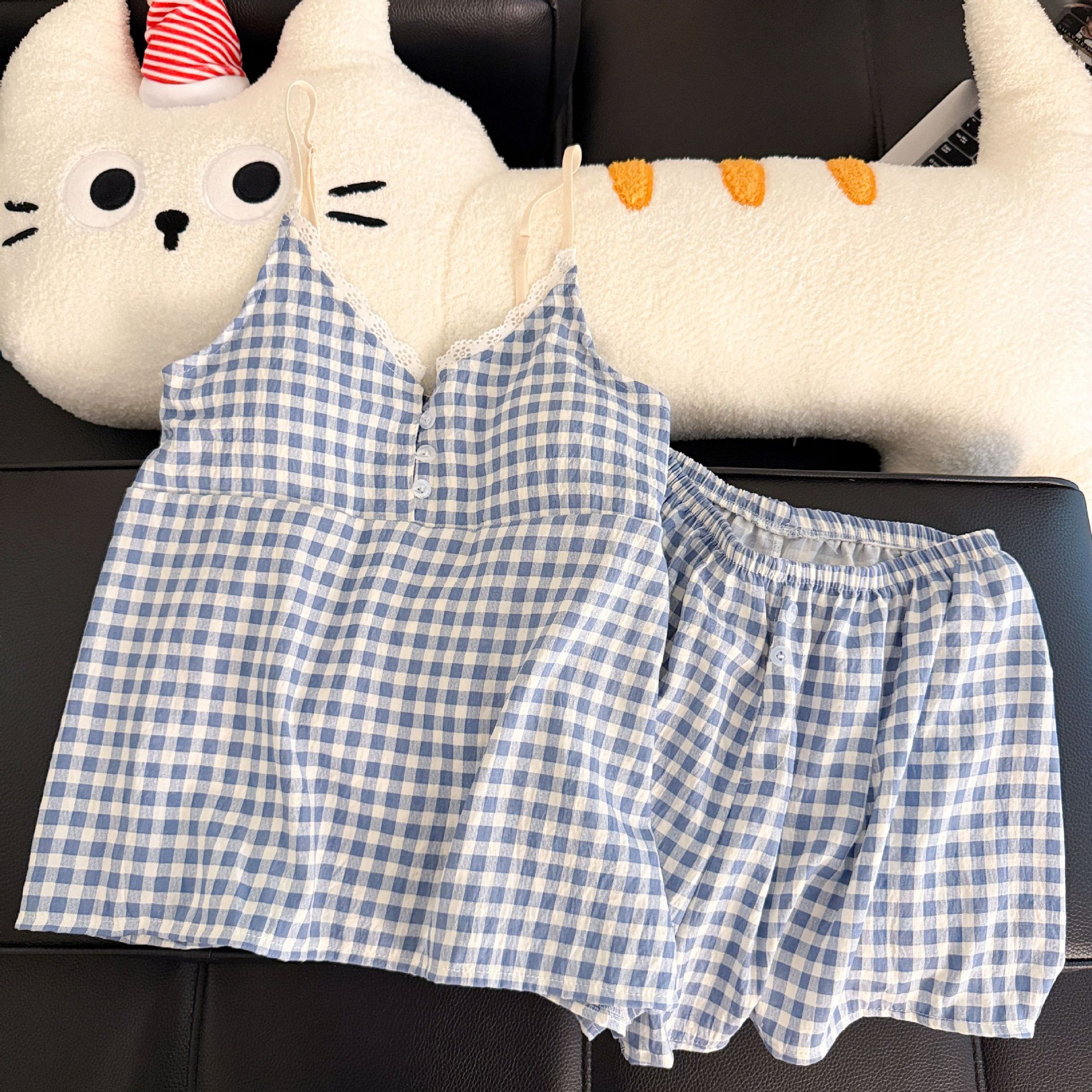 Pantalones cortos con cojín de pecho al por mayor transfronterizo pijamas de verano nuevo algodón nublado dulce conjunto de ropa de casa a cuadros