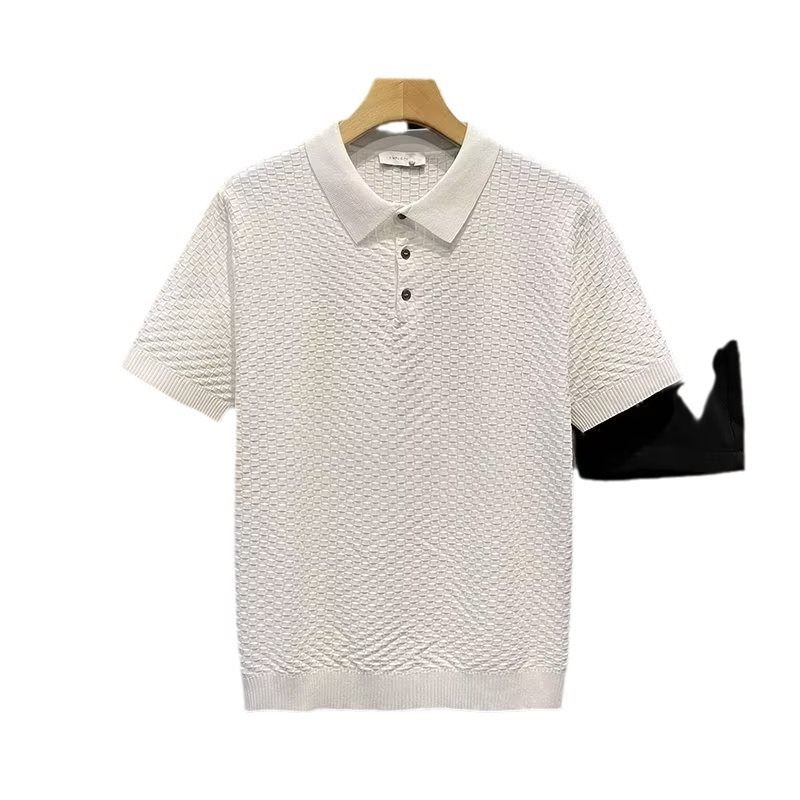 Camisa polar de manga corta elástica de punto de verano 2024, camisa suelta británica de estilo cocido ligero a rayas.