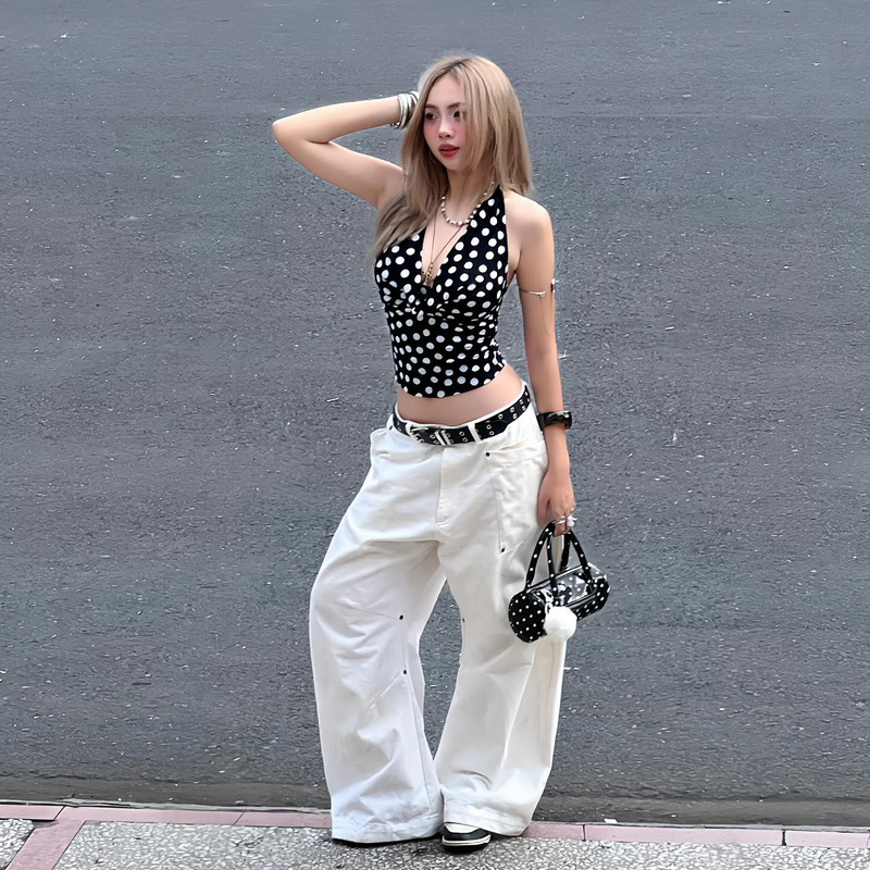 Korean Style Personality Spicy Girl Women's Wide-Leg Jeans Niche Design Rivet Decoration Silhouette Casual Long Pants Women's Clothing