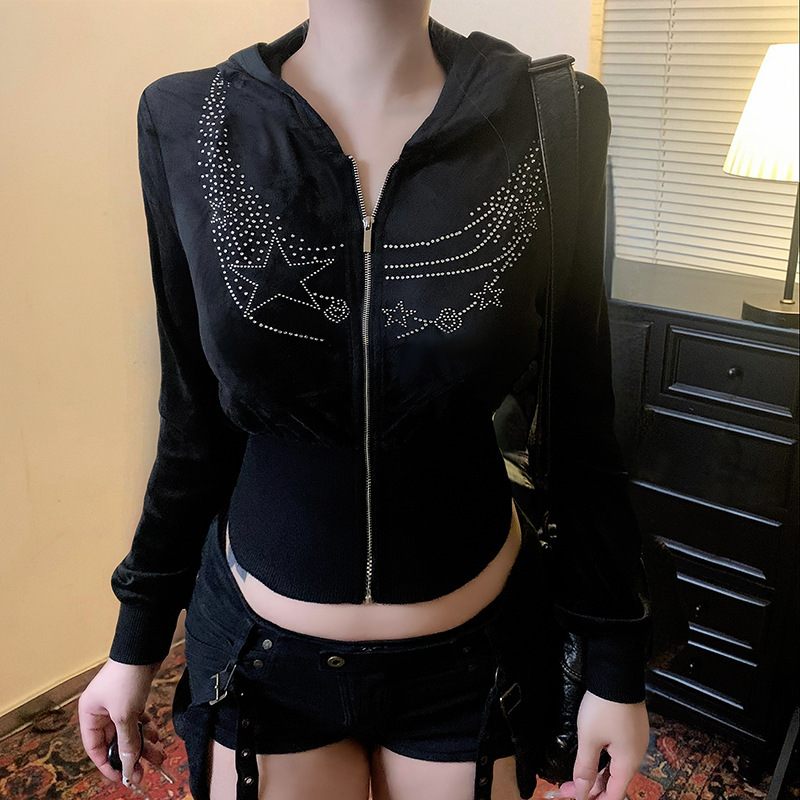 跨境Y2K暗黑少女烫钻印花基础卫衣口袋连帽开衫秋冬新款休闲外套|undefined