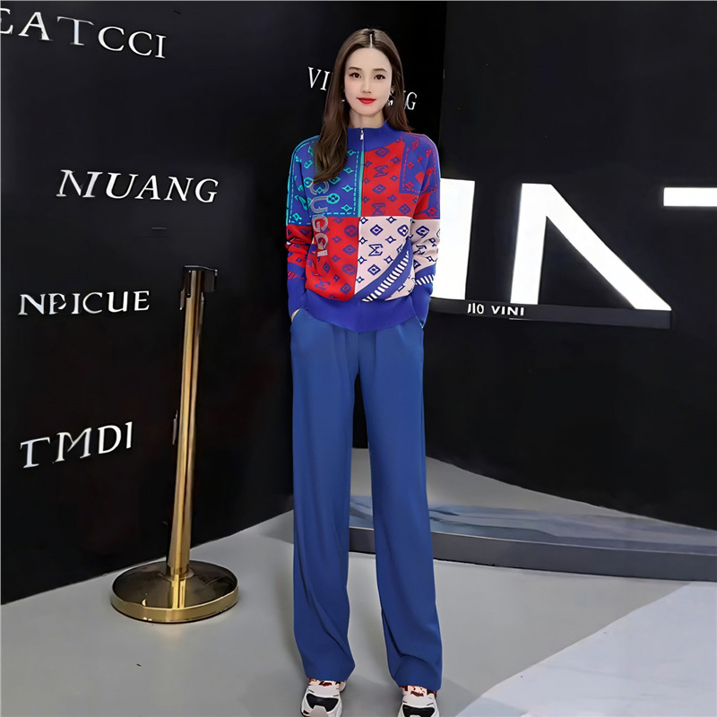 Blue European Brand Casual Sports suit Women's Spring and Autumn High-end Sense Printed Knitted Cardigan Trousers Set