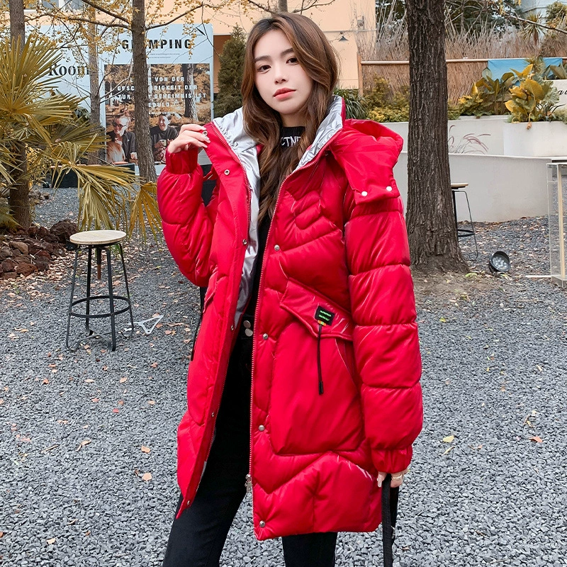 Long winter glossy fashionable down jacket with hood with down, mid-length, 2023, European style