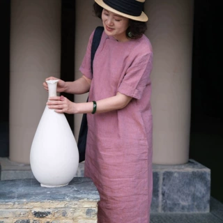 100%色织亚麻粉红改良旗袍 新中式连衣长裙子夏款女裙