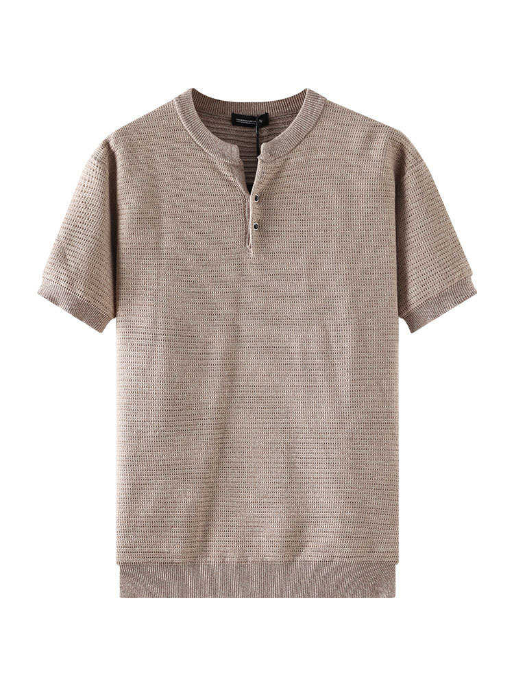 Cross-border hombre lujoso ligero Vogue punto de manga corta Henry cuello botón media manga camiseta de alta calidad europea y americana ropa de hombre