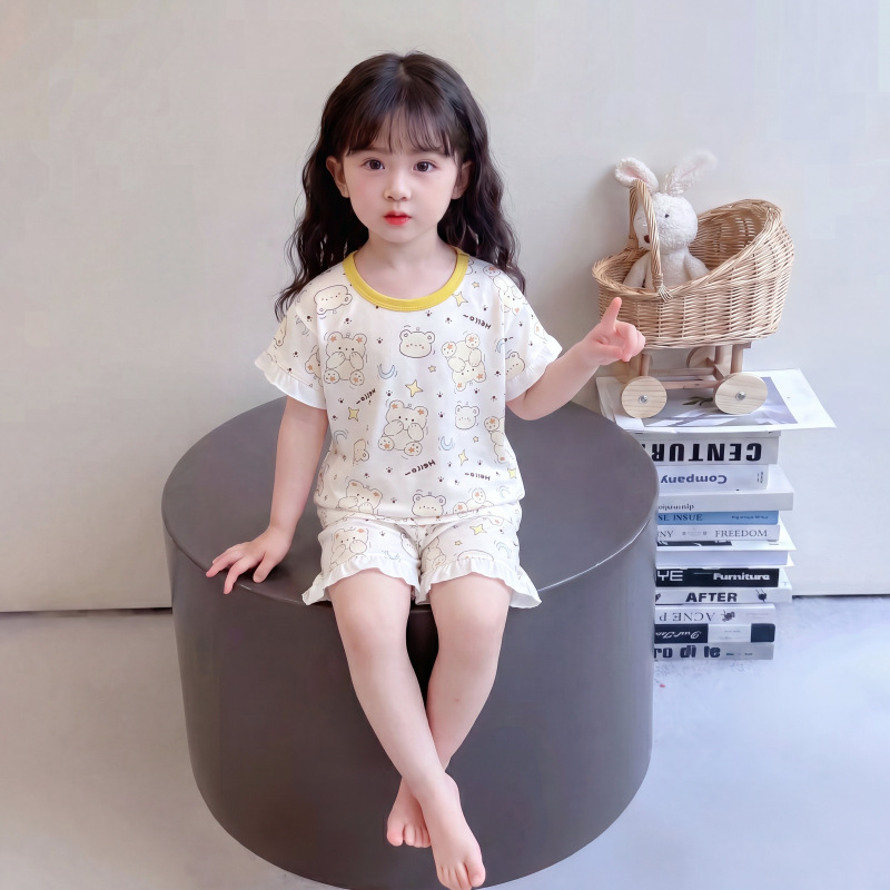 Conjunto de pijamas para niños, algodón puro, nuevo estilo de verano, pantalones cortos holgados de manga corta, ropa para aire acondicionado, estilo fino, ropa de casa para niñas, ropa infantil