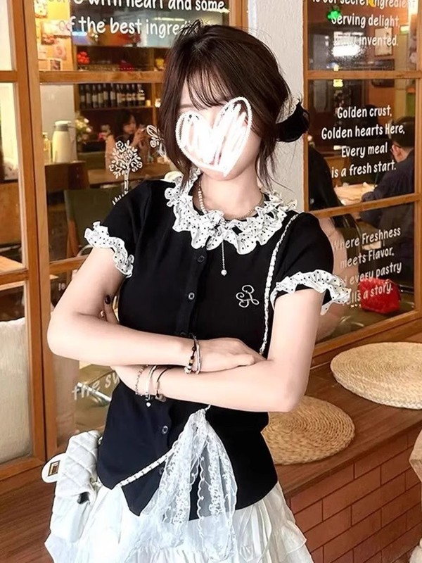 韩系甜妹花边刺绣短袖T恤女夏季新款短款修身正肩百搭休闲上衣ins|undefined