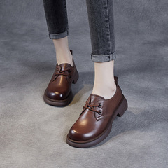 2023 Spring New Arrival: First-Layer Cowhide, British-Style Round-Toe Lace-Up Low-Heel Shoes with Soft Leather and Flexible Soles – Flat Heel Design, Ideal for Women