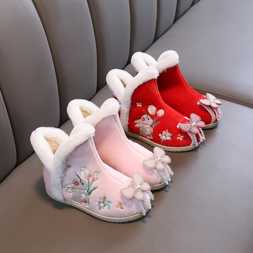 Girls padded thickening princess fairy Hanfu shoes winter children embroidered shoes snow boots small rabbit ancient wind performance shoes