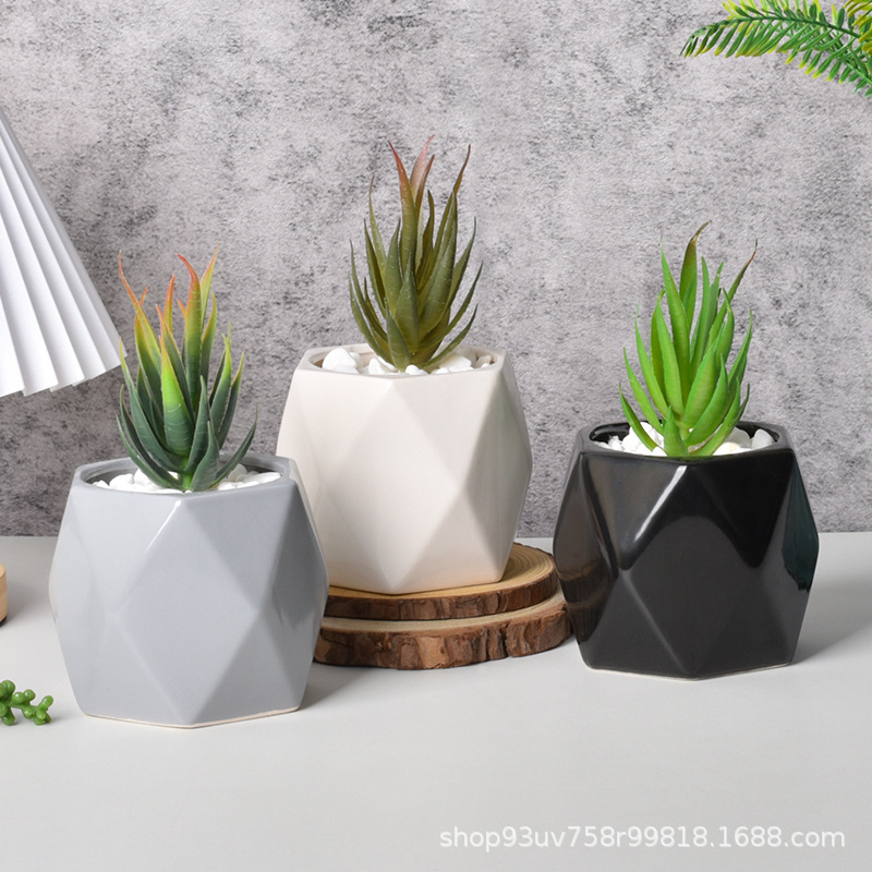 Ceramic Flower Pot Simple Geometric Stylish Succulent Green Plant Pot Black and White Gray Cold Tone Balcony Home Decoration Planting Pot