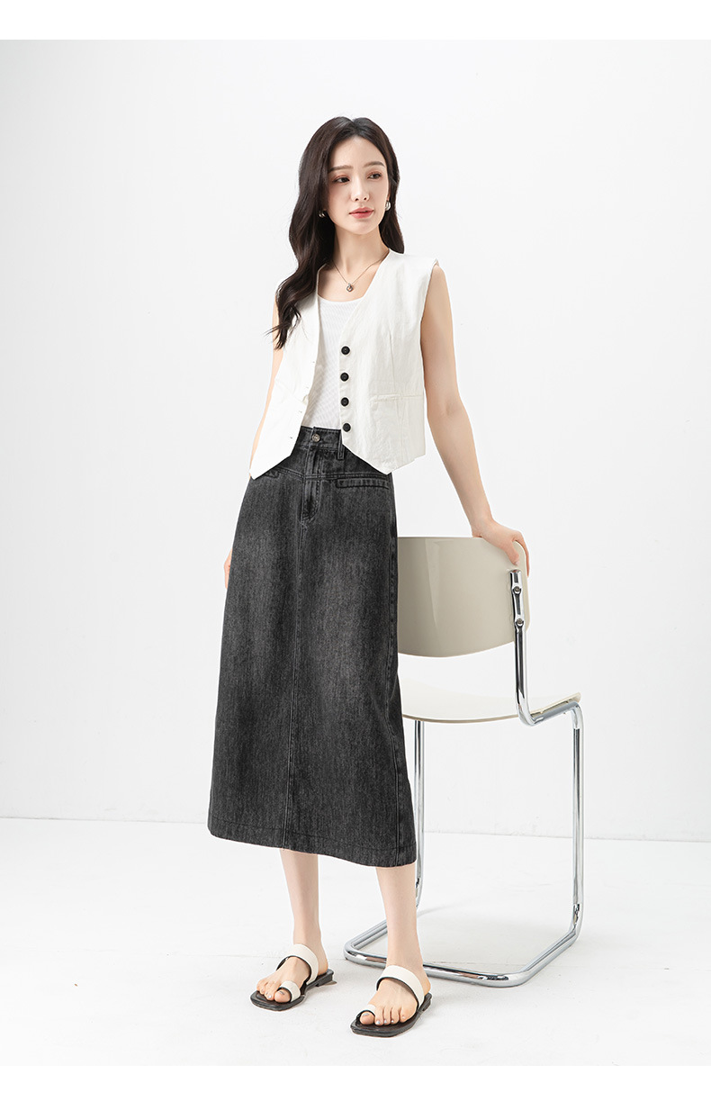 Váy denim Tencel nữ cạp cao chữ A dài vừa phải — đen chi tiết 24