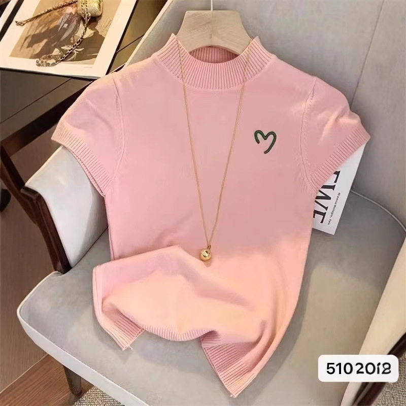 Women's Half-High Neck Embroidered Short-Sleeved Knitwear 2025 New French Style Sweet Hot Girl Slim-Fit Bottoming Top Trendy English