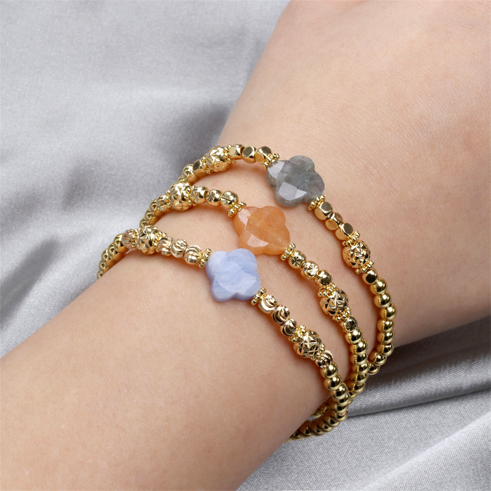 Nueva Pulsera De Trébol De Cuatro Hojas De Piedra Semipreciosa Pulsera De Cuentas Chapada En Oro De Cobre Simple display picture 5