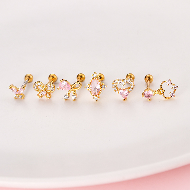 Sweet Heart Shape Bow Knot Stainless Steel Plating Zircon Ear Studs 1 Piece