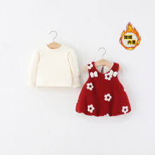 童装女童裙套装冬季儿童宝宝长袖t恤+花朵花苞公主裙子两件套加绒