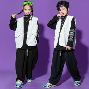 Modern jazz hip-hop street dance costumes for boys girls hip-hop rapper singers stage performace outfits children model show vest and pants for kids