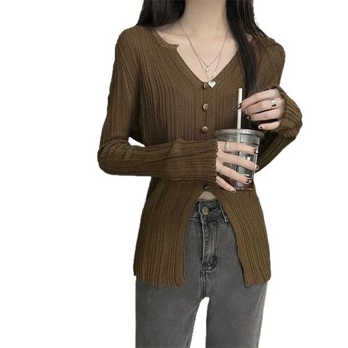 Caramel Color Split V-Neck Marled Knit Long-Sleeve Base Layer Top for Women - Spring Fitting Slim Design Women's Innerwear T-shirt