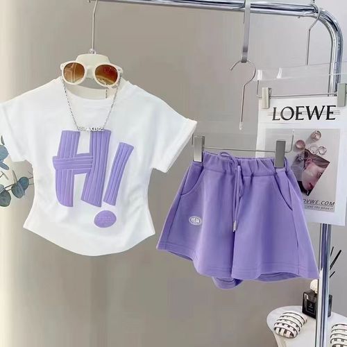 Girls' Short Set Cute Summer New Han Style Printed Casual Fashion Two-Piece Outfit for Older Children