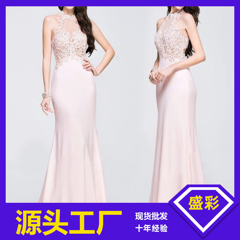2025秋冬欧美跨境外贸新娘伴娘礼服无袖挂脖礼服蕾丝晚礼服长裙女