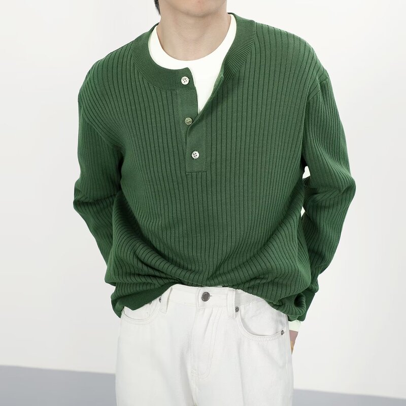 Knitted sweater men's Korean-style slim-fit solid color shirt collar men's long-sleeved led outer wear autumn top trendy lazy style