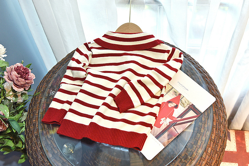 Pull à rayures bleu marine pour filles, ensemble plissé, col polo tricoté, pull avec nœud, jupe courte, YB213_voghion.com