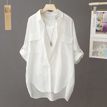中长款纯棉白色衬衫女中袖夏季2025新款薄款衬衣五分袖上衣宽松女