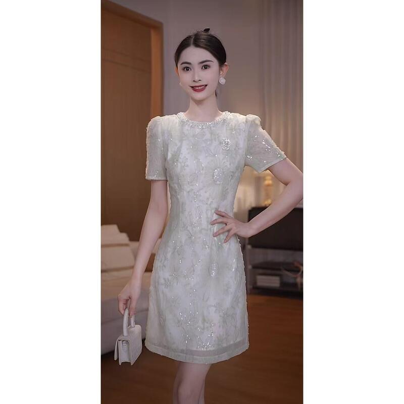 9831 Light Luxury Style White Sequined Dress for Women, Short-Sleeved, Waist-Cinching, Elegant Style