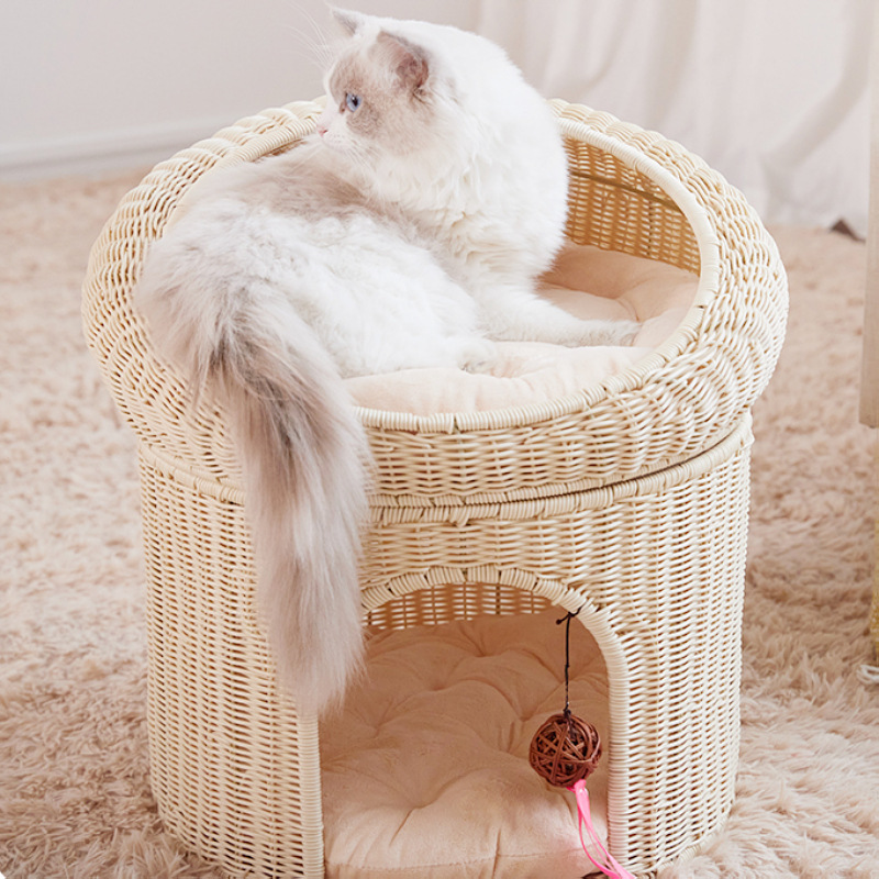 Gato Verano Fresco Gato nido de ratán transpirable Casa bebé gato nido cuatro estaciones universal de doble capa semi-cerrado nido de mascotas