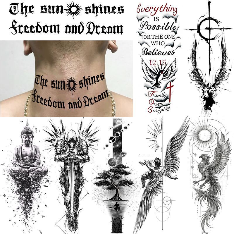 New Cross-Border European and American Black and White Series Tattoo Stickers for Back of Hand, Calf, and Neck, Water Transfer Tattoo Stickers