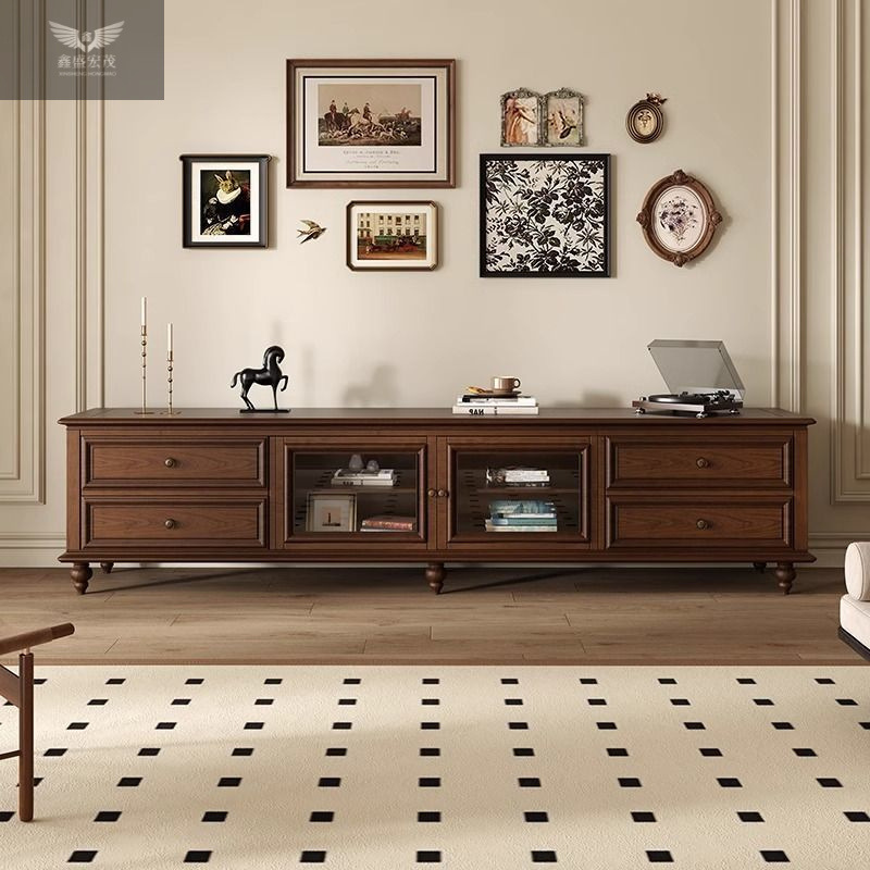 Retro estilo medieval color nuez lujo ligero piso al suelo gabinete de televisión Logan estilo americano gabinete de televisión de madera sólida 24 años nuevo modelo de alta calidad image 3