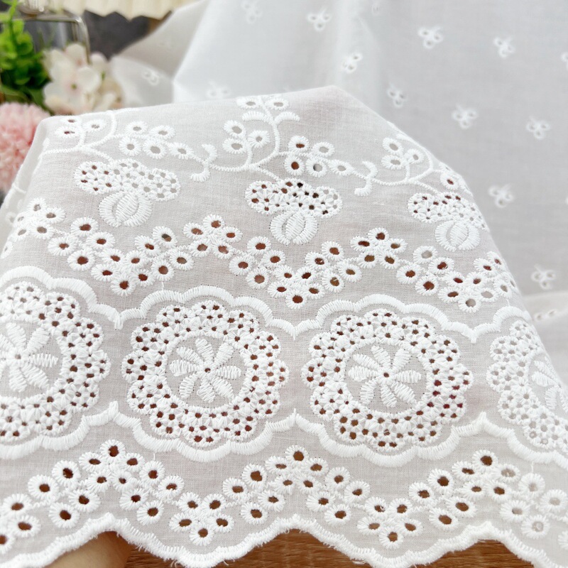 Hollow cotton bilateral wave positioning embroidery fabric white shirt dress symmetrical cotton embroidery lace