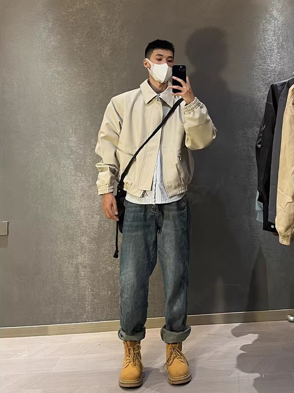 cleanfit短款工装飞行员夹克男春秋季痞帅高级感垫肩美式机车外套|undefined