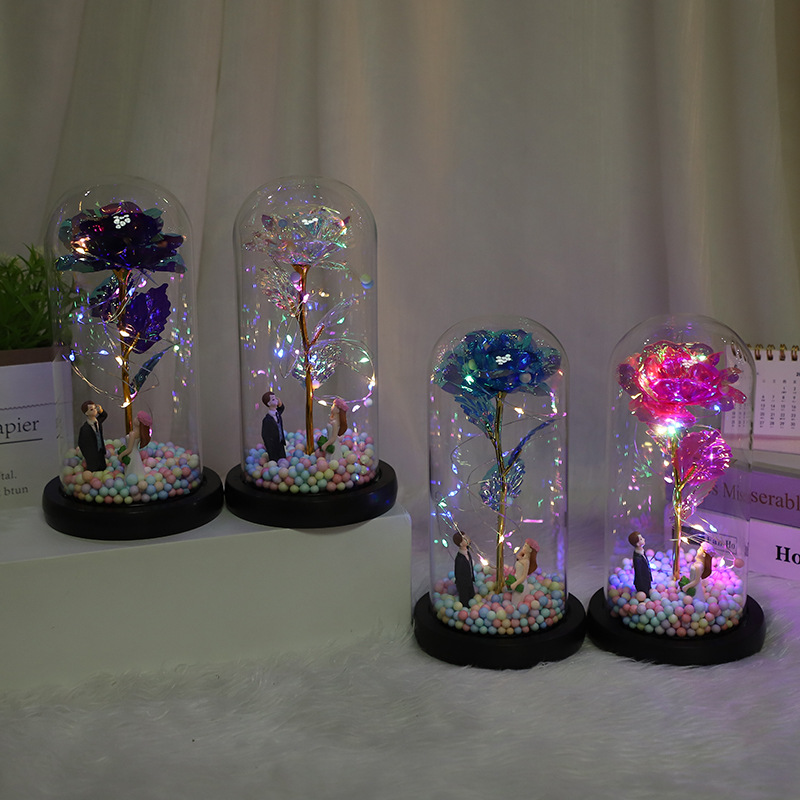 Cross-border May 20th simulation rose LED lighting glass lampshade rose gold leaf rose Qixi gift love confession