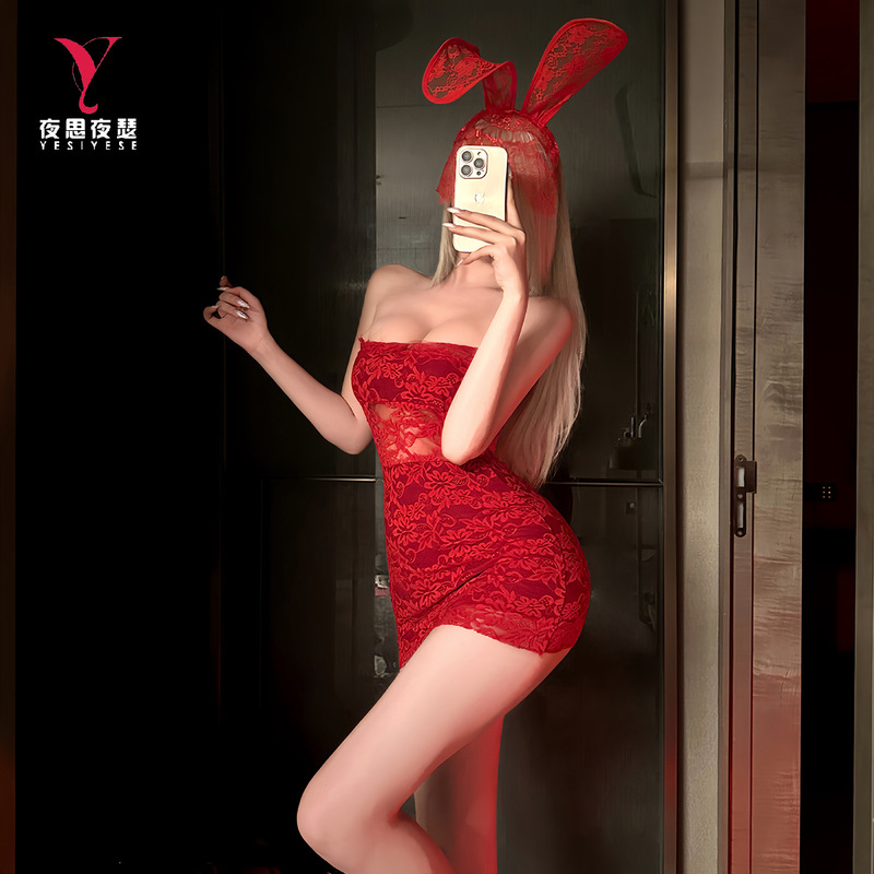 Night Thoughts Night Desire Strapless Lingerie Pure Desire Christmas Lace High-End Sexy Bodycon Short Dress Royal Sister Style 9607