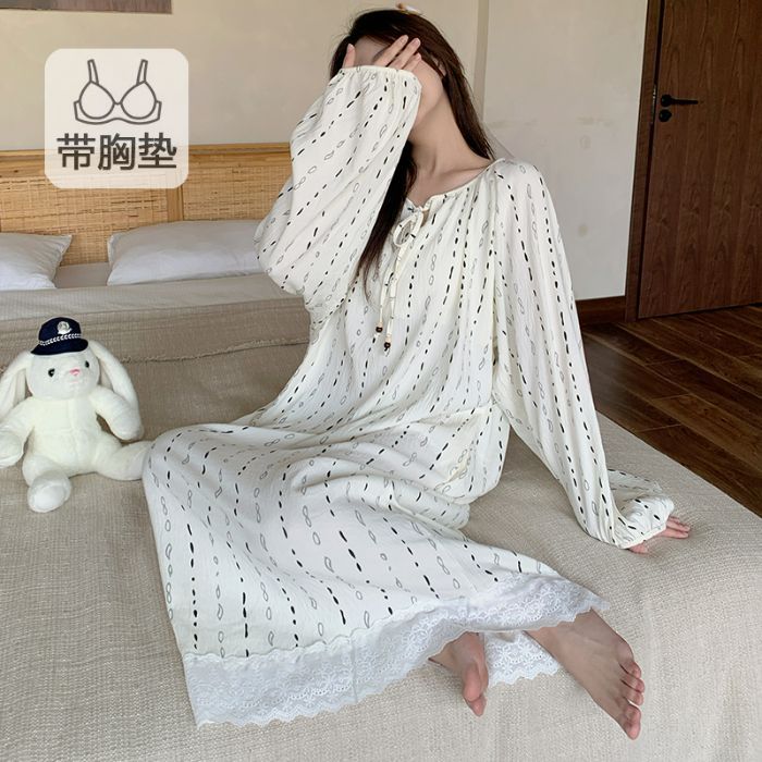 Al por mayor transfronterizo otoño nuevo pijama de mujer corbata redonda fija cojín de pecho pijama de algodón de manga larga nubes se puede usar fuera