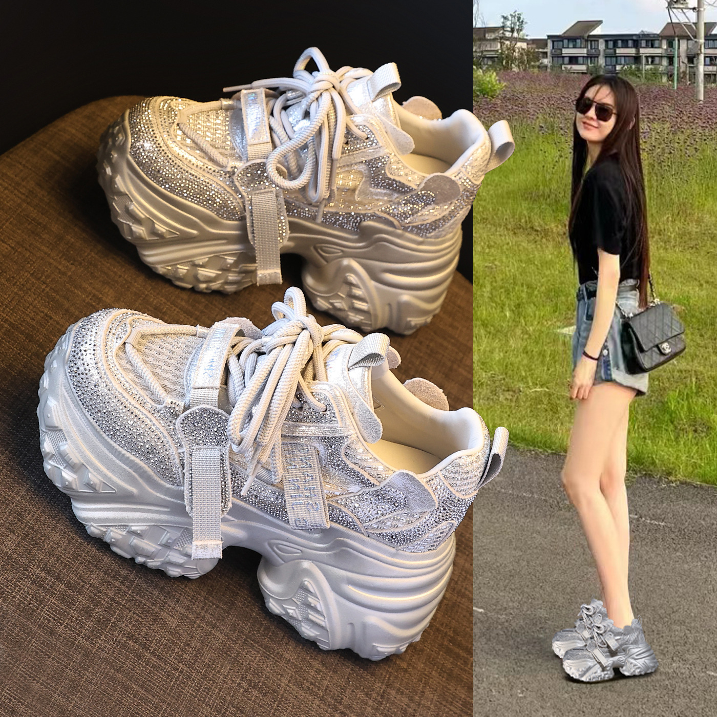 Giày sneaker nữ đế dày tăng chiều cao đính đá lưới thoáng khí — màu trắng