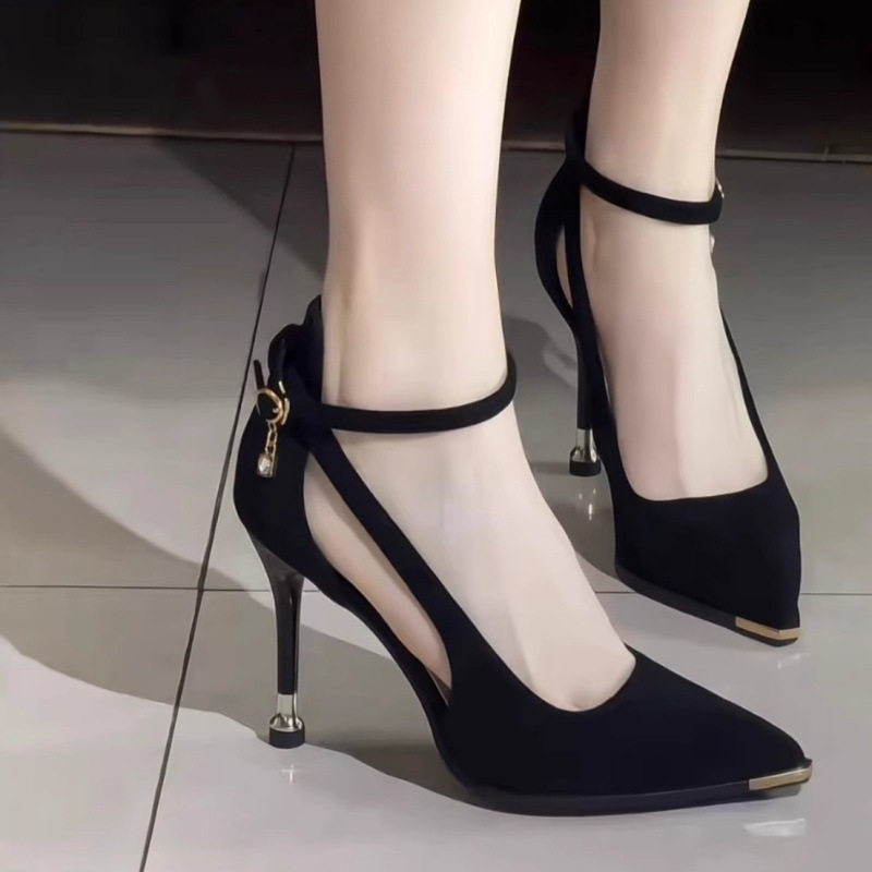 2025新款黑色绒面高跟鞋女尖头性感细跟中空女鞋气质职业通勤单鞋