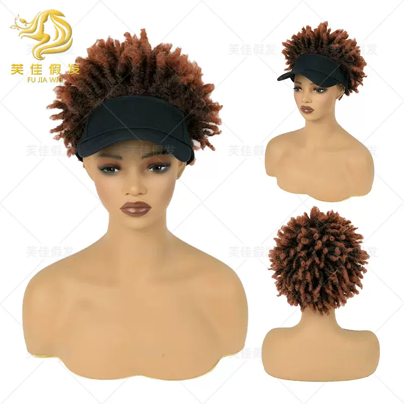 跨境短卷发头套假发筒曲蓬松立体爆炸头假发棒球帽短款筒卷假发