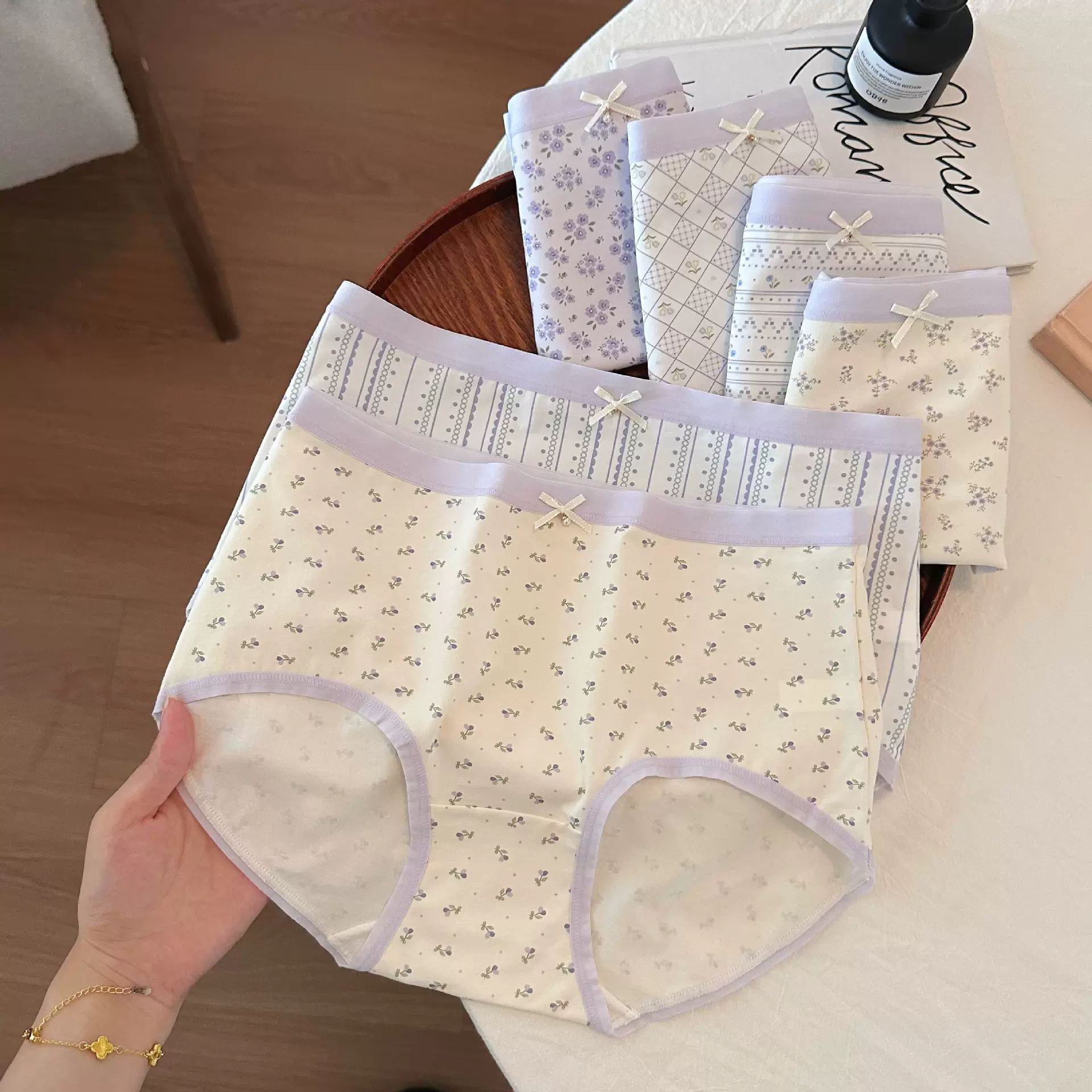 紫色印花组合内裤女士舒适透气10A桑蚕丝抑菌裆女士三角内裤批发