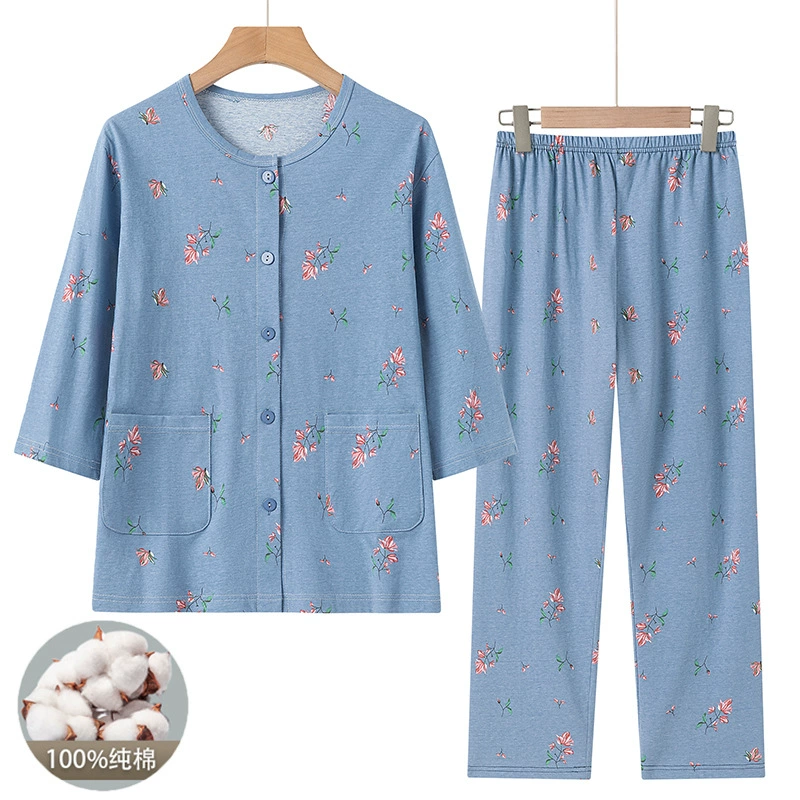 Средний и пожилой женский хлопчатобумажный кардиган пижама с семью рукавами брюки мама летнее хлопковое домашнее платье бабушка костюм с кондиционером рубашка