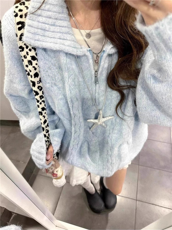 蓝色麻花翻领毛衣女2025新款奶fufu慵懒风韩系秋冬季穿搭针织上衣|undefined
